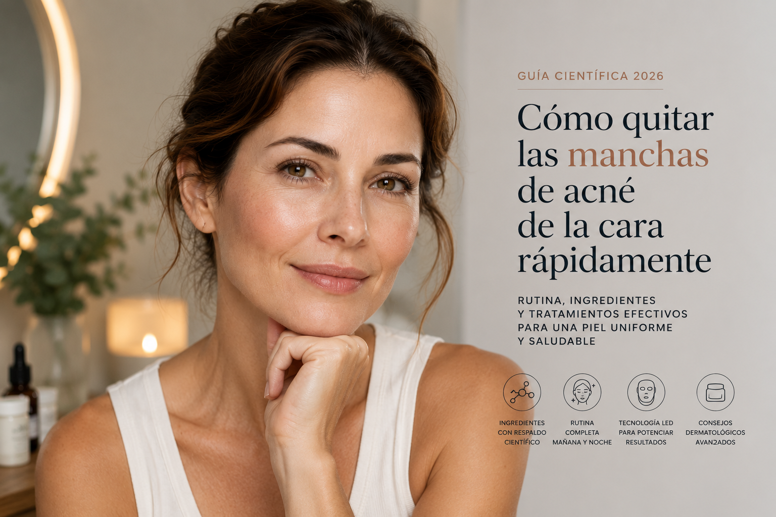 Mujer de aproximadamente 40 años con piel uniforme después de una rutina para eliminar manchas de acné. Guía sobre cómo quitar las manchas de acné de la cara con tecnología LED y skincare.
