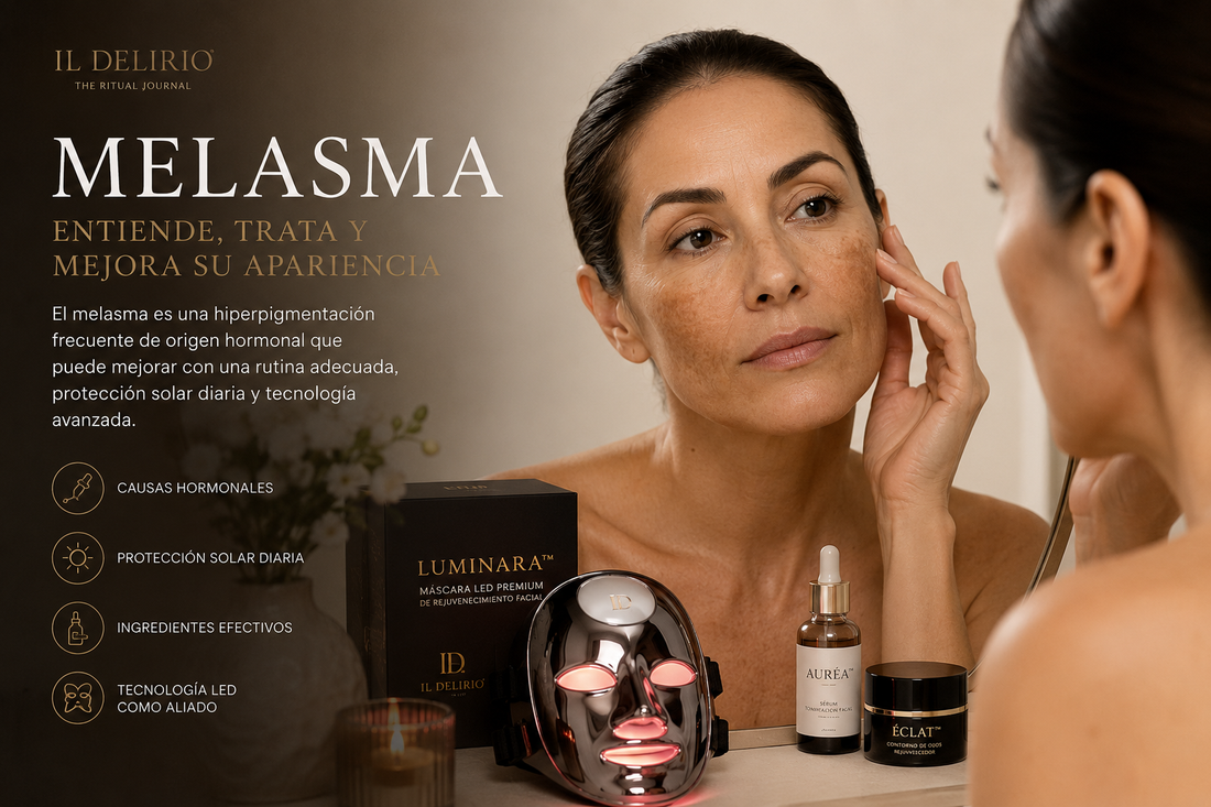 Mujer con melasma facial observando su piel frente al espejo junto a la máscara LED LUMINARA™ de IL DELIRIO y productos premium para el cuidado facial.
