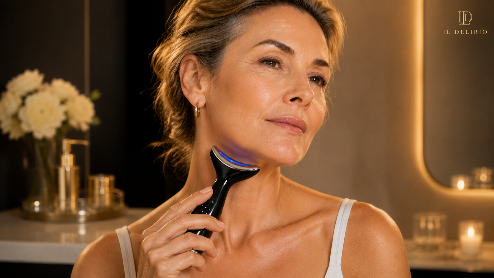 Mujer aplicándose dispositivo de microcorriente facial AURÉA™ en cuello y mandíbula, seguridad y uso correcto | IL DELIRIO