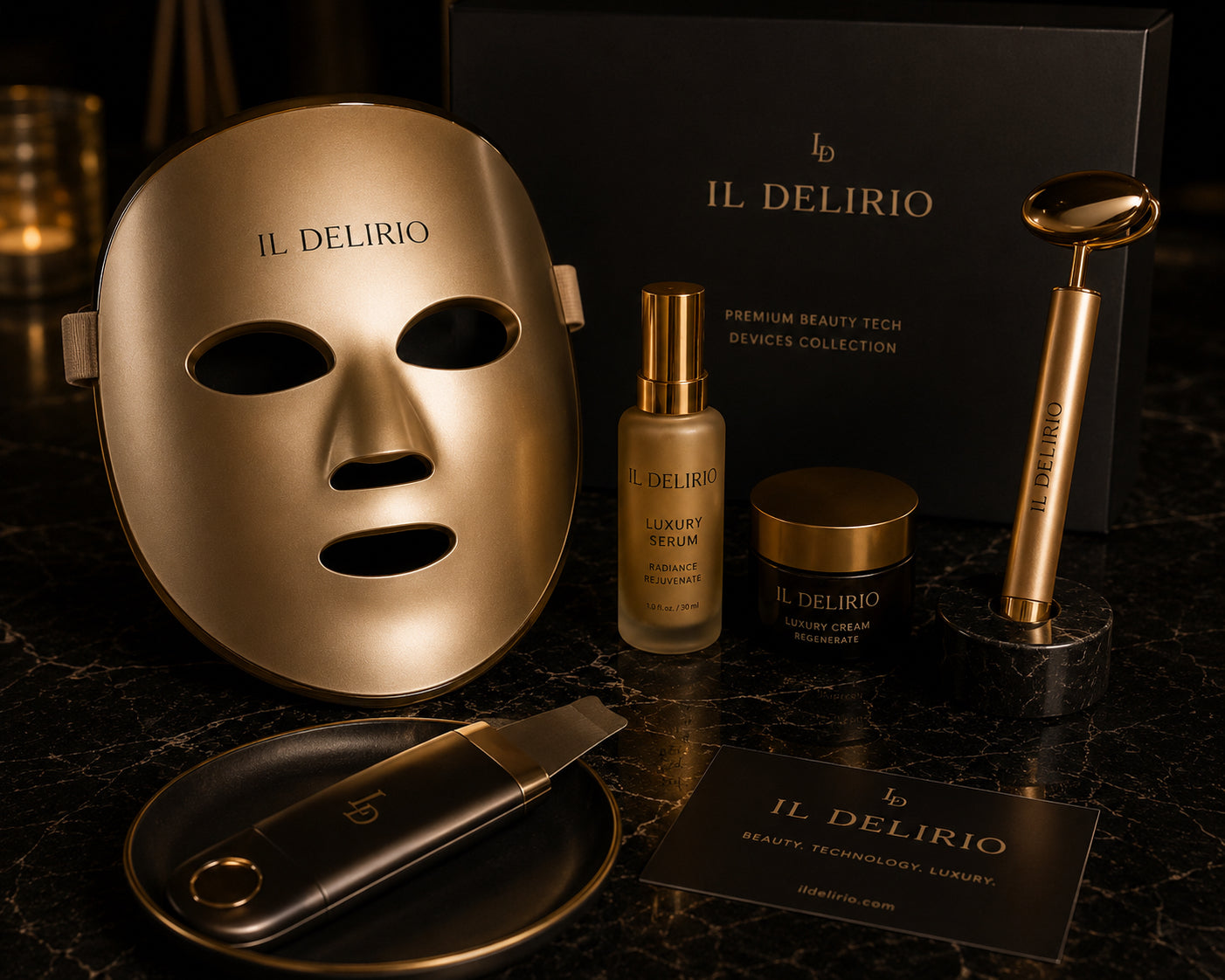 Colección premium de dispositivos de belleza IL DELIRIO con máscara LED facial y tecnología de skincare de lujo.