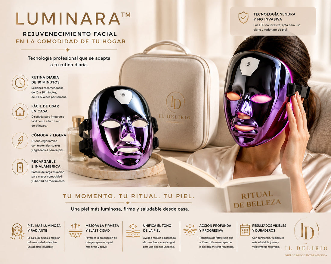 Mujer utilizando una máscara LED facial LUMINARA™ durante una rutina de skincare en casa